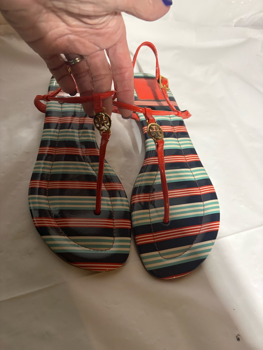 Tory Burch Orange Patent Leather Thong Sandals with Navy, White & Aqua Stripes